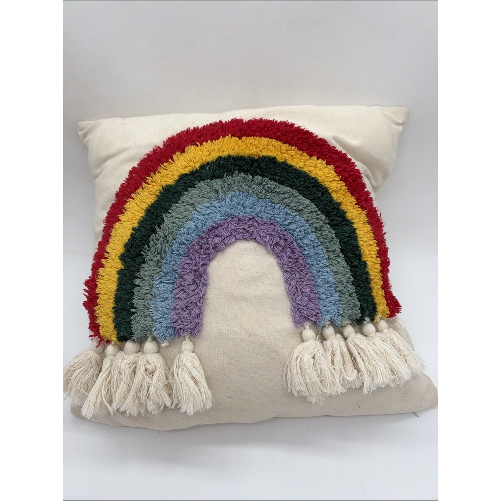 Hand Tufted Rainbow Fringe Full Pillow 17" Canvas Multi-Color